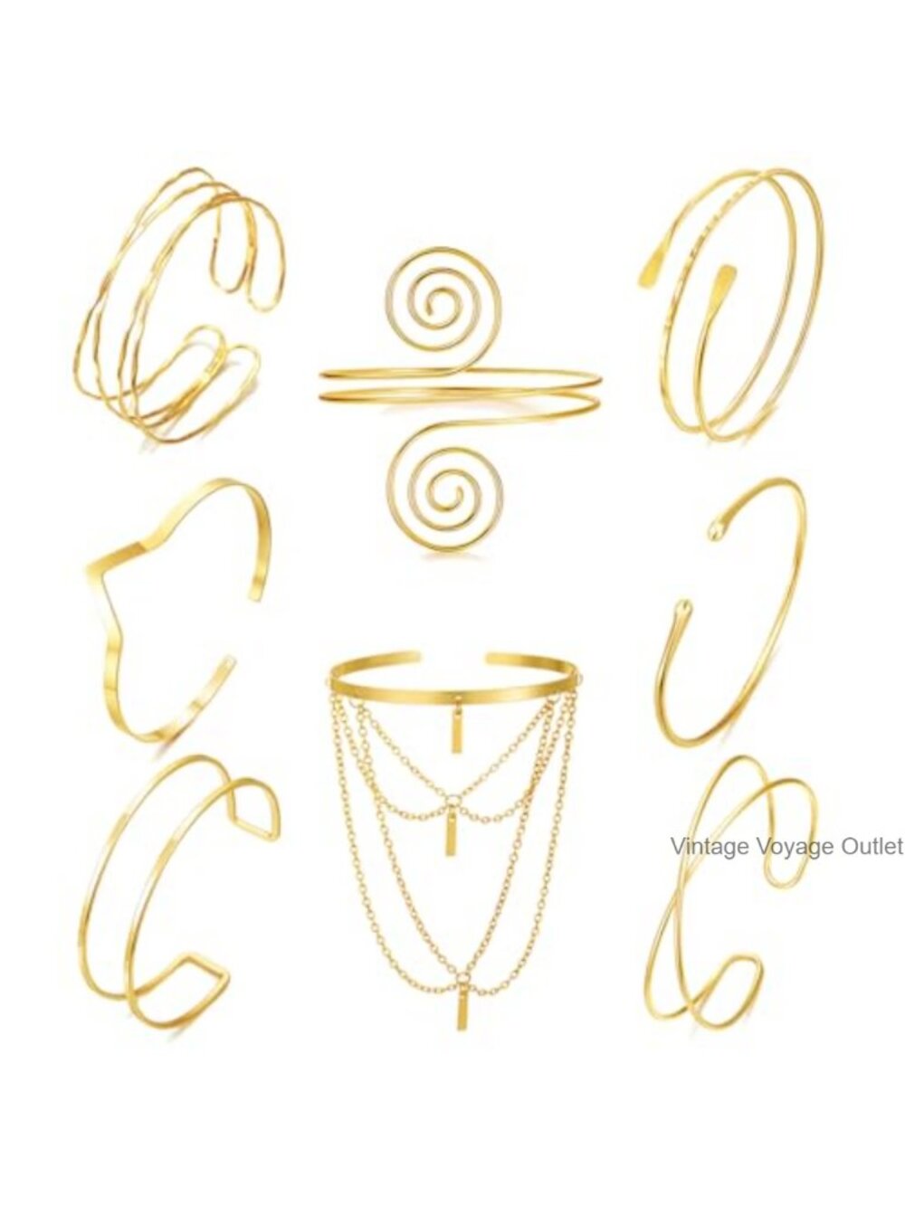 8pc Gold Alloy Upper Arm Cuff Bracelets Set Adjustable Minimalist